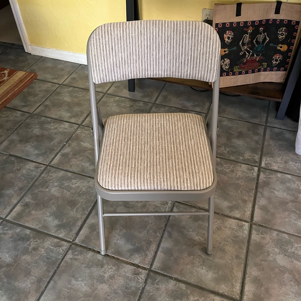 Striped Tan Folding Chairs steel frame cloth.